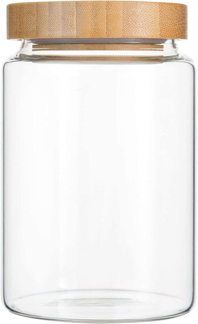 900ML/30Oz Clear Cute Glass Storage Canister Holder with Airtight Bamboo Lid, Modern Decorative Medium Container Jar for Coffee, Spice, Candy, Salt, Cookie, Condiment, Pepper, Sugar