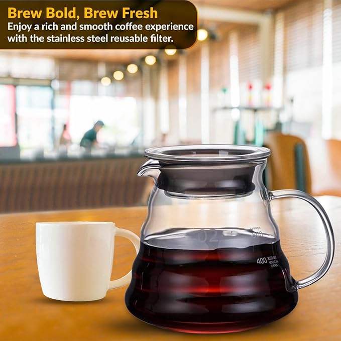 CASA BRAVA Glass Pour Over Coffee Maker Set – 28oz (850ml) Heat-Resistant Carafe with Stainless Steel Reusable Dripper, Bamboo Stand & Measuring Spoon – Plastic-Free Drip Coffee Brewer