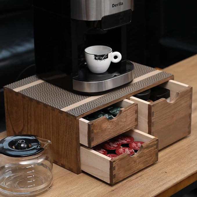 Coffee Pods Storage Drawer Holder for Capsules - Multi Functional Desk Organizer Drawers For K cups Coffee Maker Brew - Kitchen Mini Wooden Box Chest Sideboard Counter Organization CF2D3C Dark