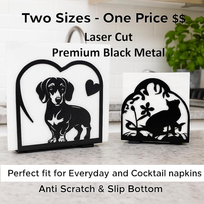 Decorative Cat and Dog Napkin Holder – Metal Napkin Organizer for Everyday & Cocktail Napkins – Cute cat Coffee filter holder size #2 & #4 for Kitchen Table Decor Gift for Animal Lovers 2-Pack