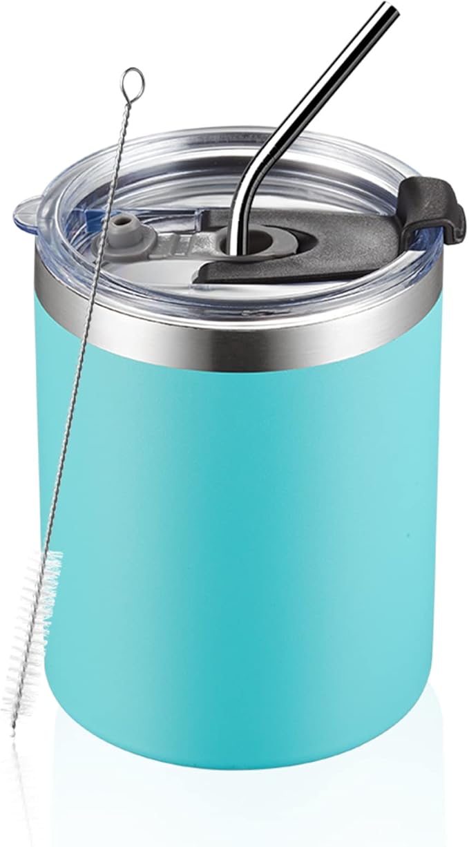 MEWAY 12 oz Lowball, Tumbler Stainless Steel Double Wall Vacuum Insulated Mug with Straw and Lid, Cleaning Brush ，Durable Powder Coated Insulated Coffee Cup for Cold & Hot Drinks (Light Blue,1 Pack)