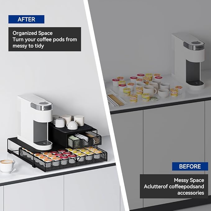 Coffee Maker Countertop Organizer,K Cup Pod Drawers,60 Coffee Capsule Pod Holder,Integrated Design Requires No Assembly.Slidng Storage Pod Baskets,Pod Stands,Silicone Drink Coasters