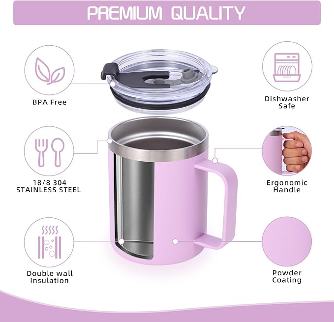 Volhoply 12oz Insulated Leakproof Coffee Mug with Flip & Straw Lid Bulk 2 Pack,Double Wall Vacuum Stainless Steel Travel Tumbler Cup with Handle,Reusable Camping Mugs Keep Cold/Hot(Purple,2 Set)