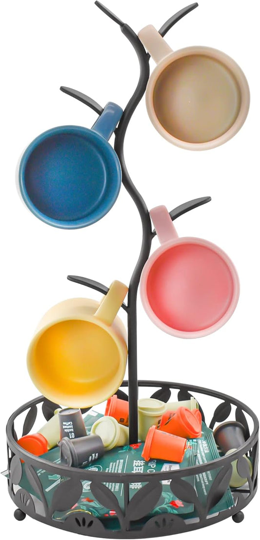 VANRA Mug Tree Holder Stand Coffee Mug Rack Countertop with Coffee Pod Basket Storage for Kitchen Counter Organizer, Black Steel