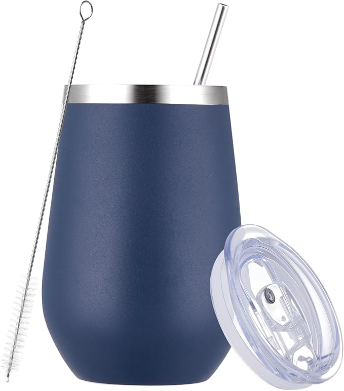 MEWAY Durable 12oz Stainless Steel Wine Tumbler with Lid and straw - Vacuum Insulated Coffee and Wine Cup for Travel, Parties, and Outdoor Events(Navy,1)