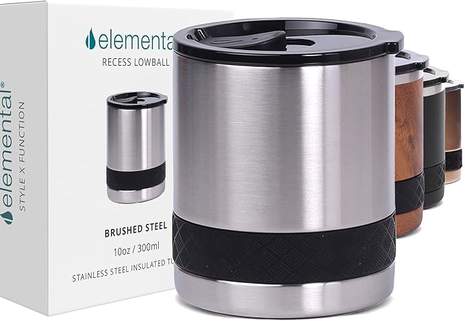 Elemental Recess Lowball Tumbler, 10oz Triple Wall Stainless Steel Cup with Non-Shattered Tritan Lid, Insulated Whiskey Glass, Insulated Coffee Tumbler Mug for Hot & Cold Drinks - Brushed Steel