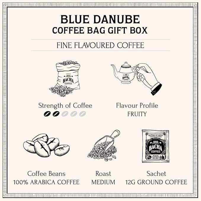 Bacha Coffee | Blue Danube Fine Flavoured, 100% Arabica Specialty Coffee Beans, Medium Roast, x12 Individually Wrapped Single Serve Filter Bags