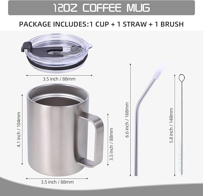 Volhoply 12oz Insulated Leakproof Coffee Mug with Flip & Straw Lid,Double Wall Vacuum Stainless Steel Travel Cafe Tumbler Cup with Handle,Reusable Camping Mugs Keep Cold/Hot(Silver,1 Set)