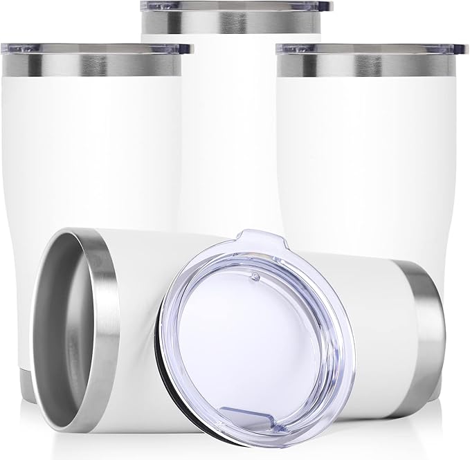 DOMICARE 20oz Tumbler with Lid Stainless Steel Tumblers Bulk, Double Wall Vacuum Insulated Coffee Travel Mug Powder Coated Tumbler, 4 Count (Pack of 1) White