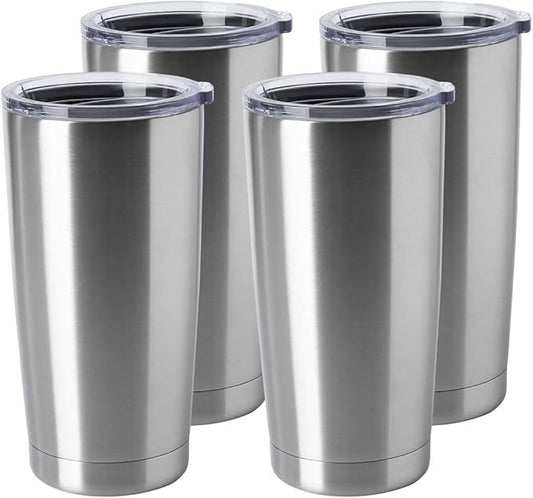 HASLE OUTFITTERS 20oz Stainless Steel Tumblers Bulk, Insulated Travel Cup with Lid, Double Wall Vacuum Coffee Mug for Cold & Hot Drinks 4 Pack, Silver