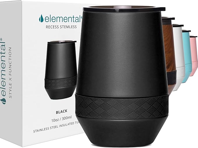 Elemental Recess Wine Tumbler - Triple Wall Insulated Stainless Steel Coffee Mug for Hot & Cold Drinks - Portable Cup with Shatterproof Sip Lid for Camping, Outdoor & Travel - 10oz - Black