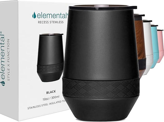 Elemental Recess Wine Tumbler - Triple Wall Insulated Stainless Steel Coffee Mug for Hot & Cold Drinks - Portable Cup with Shatterproof Sip Lid for Camping, Outdoor & Travel - 10oz - Black