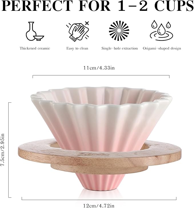 Bincoo Ceramic Coffee Dripper,Pour Over Coffee Dripper with Wood Stand, Flower-shape for 1-2 Cups Slow Brewing Maker for Home Cafe (Pink)
