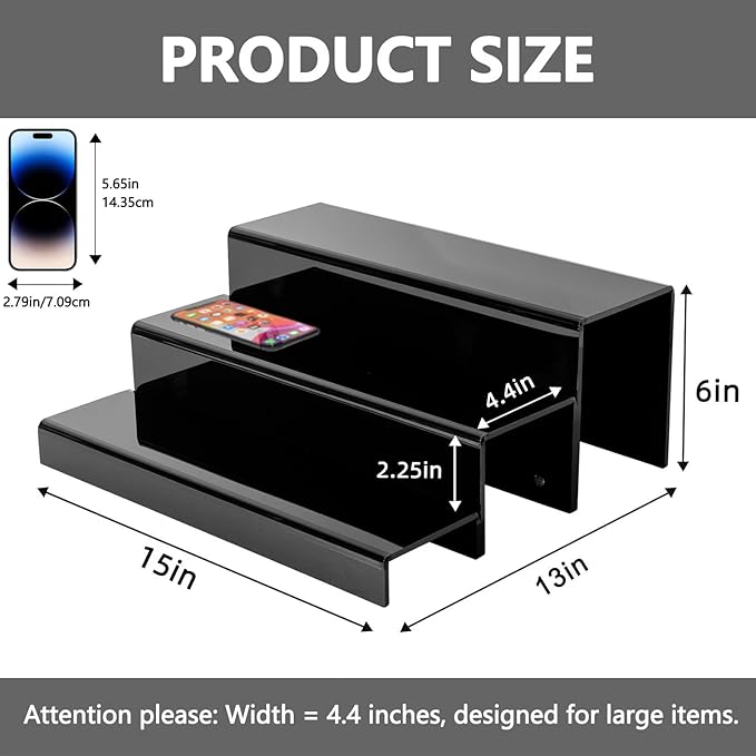 3 Tiers Bar Shelves for Liquor Bottles, 15" Black Acrylic Risers Display Racks Stands for Figures Pops Cupcake Perfume Collections (Patent: D1076520S)