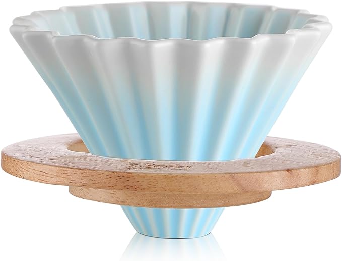 Bincoo Ceramic Coffee Dripper,Pour Over Coffee Dripper with Wood Stand, Flower-shape for 1-2 Cups Slow Brewing Maker for Home Cafe (Blue)