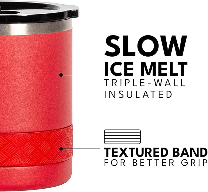 Elemental Recess Lowball Tumbler, 10oz Triple Wall Stainless Steel Cup with Non-Shattered Tritan Lid, Insulated Whiskey Glass, Insulated Coffee Tumbler Mug for Hot & Cold Drinks - Red