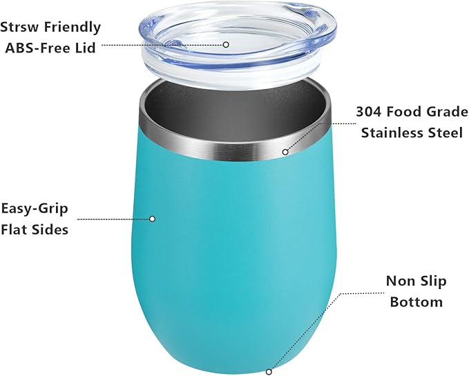 MEWAY 12oz/12 Pack Wine Tumbler Glasses with Lid -Double Wall Vacuum Stainless Steel Travel Tumbler Mug,Stemless Insulated Wine Cup for,Coffee,Cocktails (Turquoise,Set of 12)