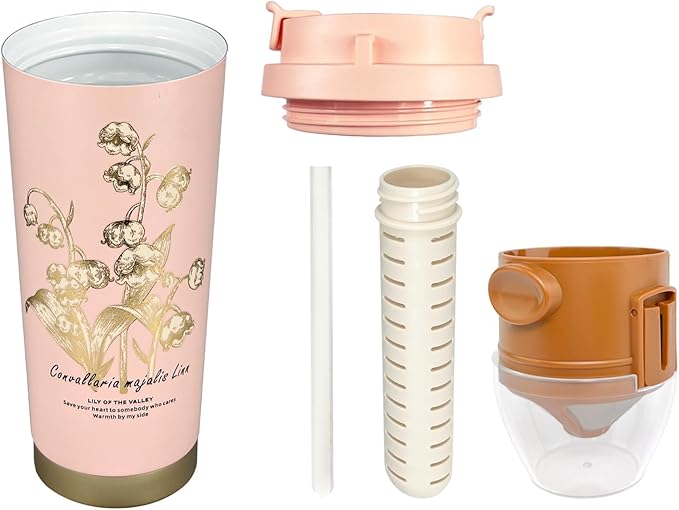 17oz Camping Coffee Makers with Ceramic Coating,Camp Pour Over Coffee Maker Set,Double Wall Vacuum Leak-Proof Mug for Office School Party Camping,Tea Infuser Mug for Loose Leaf Tea (17oz Pink)