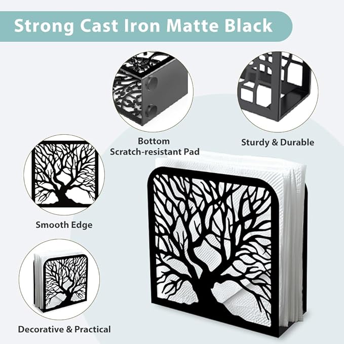 Tree Trunk Decorative Black Metal Napkin Holder for Table, 4.9" x 4.9" x 1.9" Standing Napkin Holder for Home Kitchen Restaurant Picnic Party Coffee Bar Dining Room