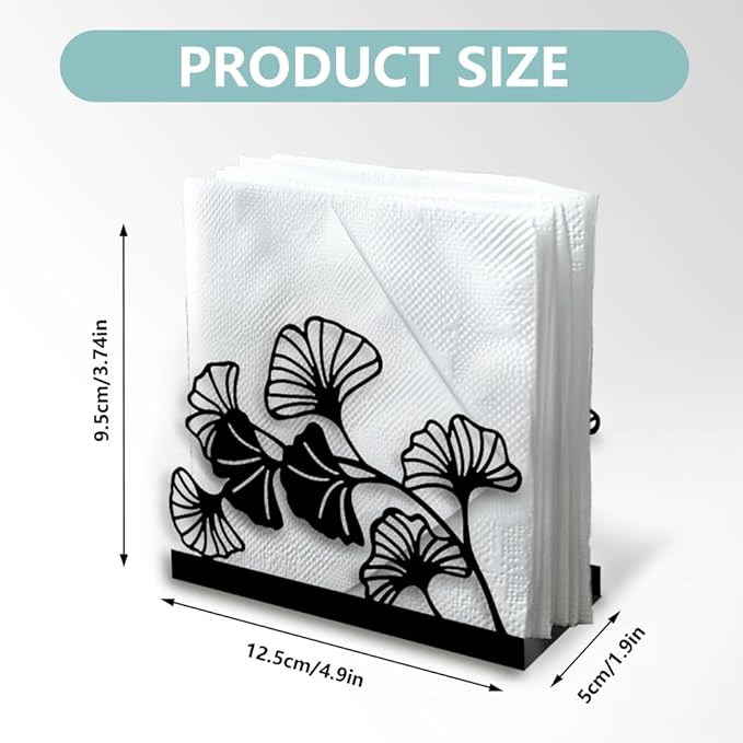 Modern Ginkgo Leaves Decorative Black Metal Napkin Holder for Table, 4.9" x 4.9" x 1.9" Standing Napkin Holder for Home Kitchen Restaurant Picnic Party Coffee Bar Dining Room