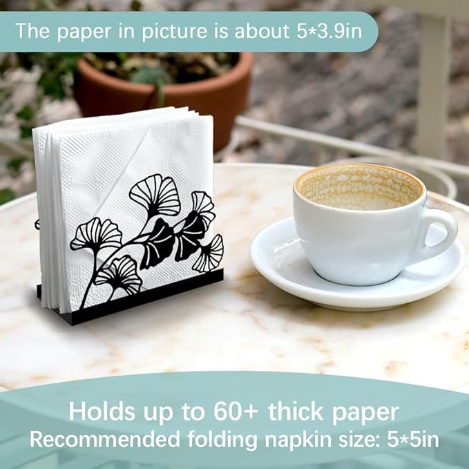 Modern Ginkgo Leaves Decorative Black Metal Napkin Holder for Table, 4.9" x 4.9" x 1.9" Standing Napkin Holder for Home Kitchen Restaurant Picnic Party Coffee Bar Dining Room