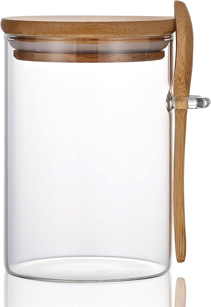 MOLFUJ 15 oz/450 ml Clear Glass Storage Canister with Airtight Lid, Small Decorative Container Jar with Wooden Spoon for Overnight Oatmeal Coffee Spice Candy Salt Cookie Condiment Pepper Sugar