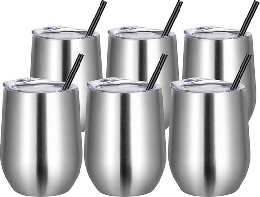 VEGOND Wine Tumblers Bulk 6 Pack, 12oz Stainless Steel Stemless Wine Glass with Lids and Straws, Double Wall Vacuum Insulated Tumbler Cup, Coffee Mug for Cold Hot Drinks