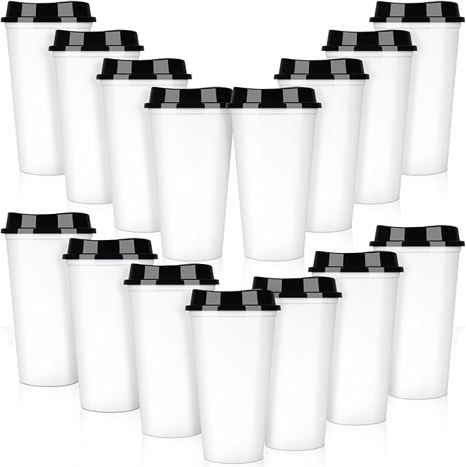 Domensi 15 Pack Reusable Coffee Cups with Lids 16 oz Disposable Travel Cups Bulk Plastic to Go Coffee Tumblers for DIY Hot Cold Drink Party Favors Coworker, Microwaveable (White with Black Lid)