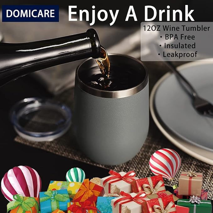 DOMICARE Stainless Steel Wine Tumbler Bulk with Lid, Personalized Insulated Tumblers Set, 12oz Travel Coffee Cups Pack of 16, Gray
