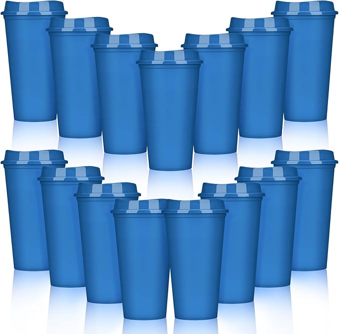 Domensi 15 Pack Reusable Coffee Cups with Lids 16 oz Disposable Travel Cups Bulk Plastic to Go Coffee Tumblers for DIY Hot Cold Drink Party Favors Coworker, Microwaveable (Navy Blue)