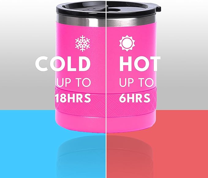 Elemental Recess Lowball Tumbler, 10oz Triple Wall Stainless Steel Cup with Non-Shattered Tritan Lid, Insulated Whiskey Glass, Insulated Coffee Tumbler Mug for Hot & Cold Drinks - Hot Pink