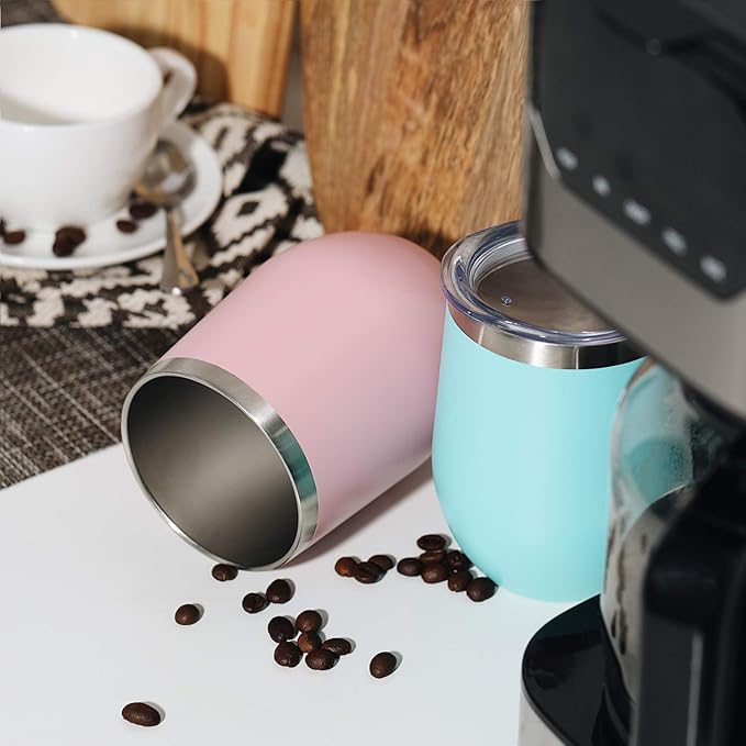 MEWAY 12oz Wine Tumbler 16 Pack Bulk Gifts for Women,Double Wall Vacuum Stainless Steel Travel Mug with Lid,Insulated Stemless Wine Cup Glass for Coffee,Cocktails,Drinks(Pink,Set of 16)