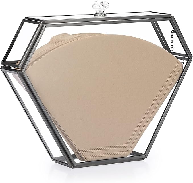 ELLDOO Black Glass Coffee Filter Holder Coffee Paper Storage Container Filter Paper Dispenser Rack with Dustproof Cover