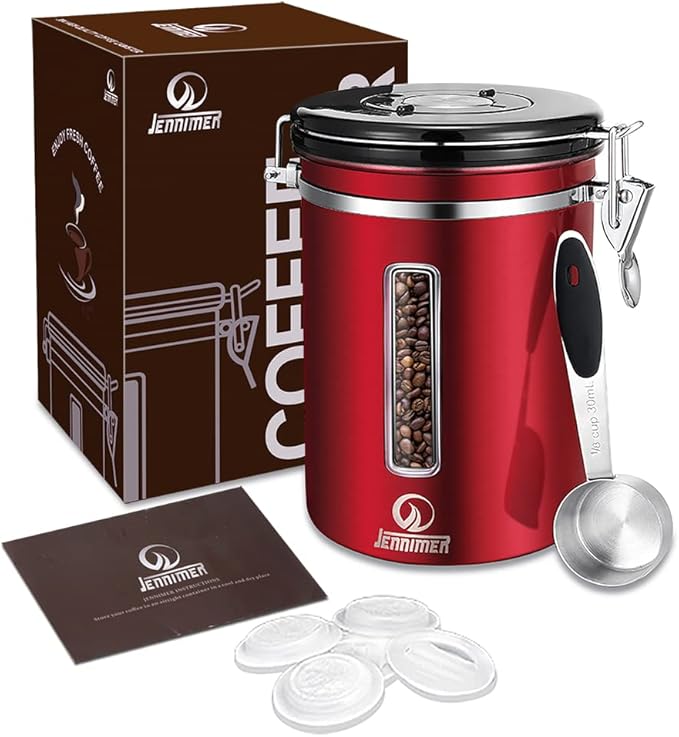 Coffee Canister - Large, Stainless Steel Airtight Coffee Containers with Transparent Window,Date Tracker, CO2-Release Valve and Measuring Scoop for Freshness of Storage Coffee (Red)