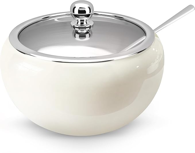 KooK Stainless Steel Sugar Bowl with Lid and Spoon, Serving Dish, Clear Glass Lid, Storage for Salt, Candy, Coffee, Holds 2 Cups, Dishwasher Safe, 16 oz Vintage White Glossy