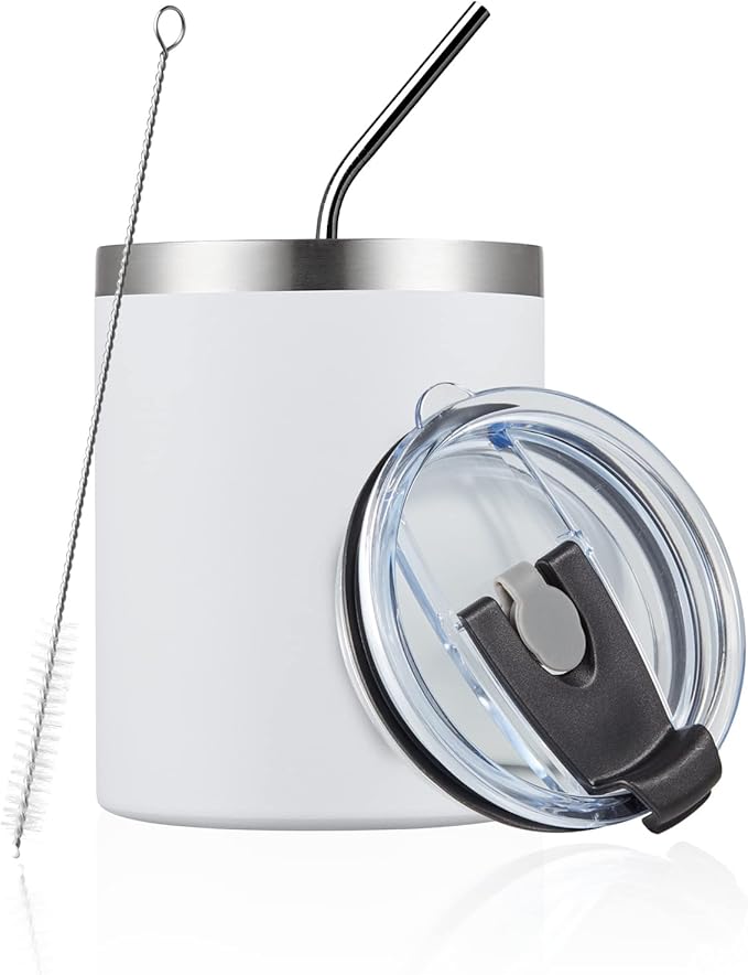 MEWAY 12 oz Lowball, Tumbler Stainless Steel Double Wall Vacuum Insulated Mug with Straw and Lid, Cleaning Brush ，Durable Powder Coated Insulated Coffee Cup for Cold & Hot Drinks (White, 1 Pack)