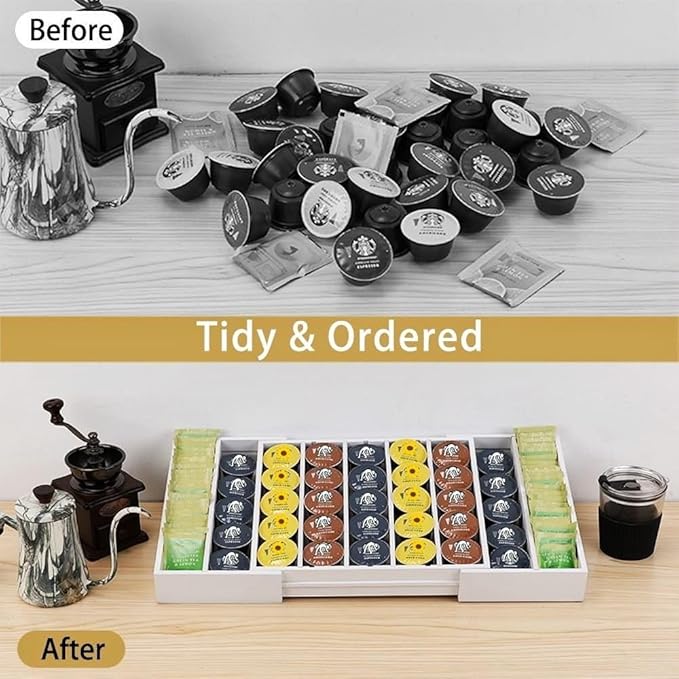 K Cup Holder,Bamboo Coffee Pod Holder Drawer Organizer, Expandable Coffee Pod Holder Tea Bag Storage Organizer for Kitchen Office Coffee Bars,Accommodate 45 K Cups (White)
