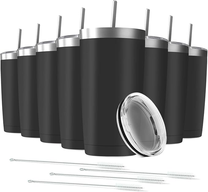 20oz Tumbler Vacuum Insulated Travel Mug with Lids, Stainless Steel Double Wall Bulk Cup for Home, Office, Outdoor Suitable for Vehicle Cup Holders(Set of 8, Black)