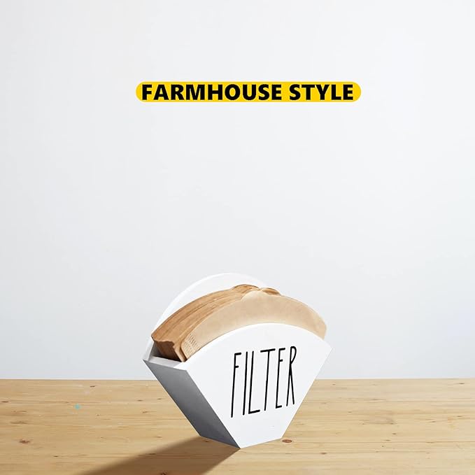 Farmhouse Wood Coffee Filter Holder & Dispenser - Wall Mounted Cone Filter Storage for Coffee Bar Decor (White)