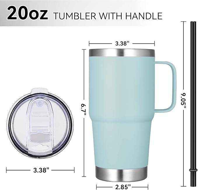 VEGOND 20 oz Tumbler Bulk with Handle Lid and Straw, Stainless Steel Insulated Travel Coffee Mug Set, Spill Proof Double Wall Metal Tumblers Cups, Mint Green 6 Pack