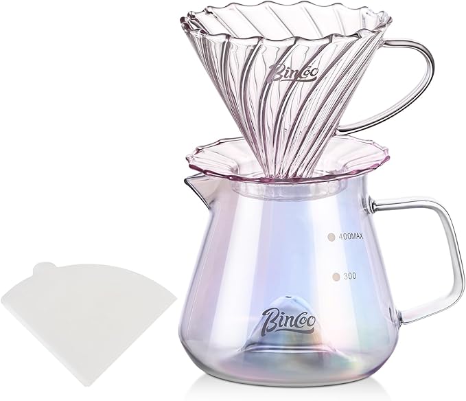 Bincoo Pour Over Coffee Maker Set with Dripper Size 01,Borosilicate Glass Coffee Server 400ML with Paper Filter,Pour Over Coffee Dripper Carafe for Home Cafe Restaurant Camping