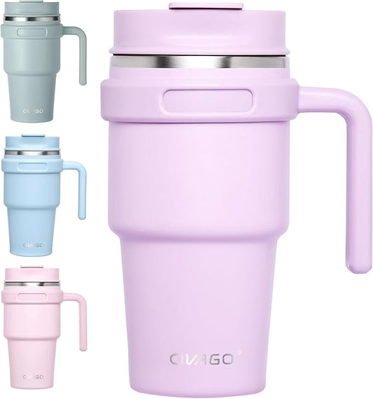 CIVAGO 20 oz Tumbler Mug with Lid and Straw, Insulated Travel Coffee Mug with Handle, Double Wall Stainless Steel Vacuum Coffee Tumbler, Thermal Coffee Cup, Flip lid, Lavender Glitter