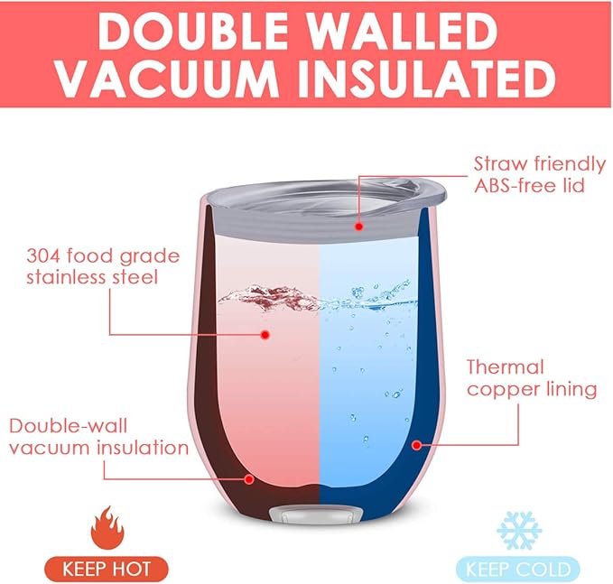 6 Pack 12 oz Stainless Steel Stemless Wine Tumbler with Lids, Double Wall Vacuum Insulated Travel Cup Including 6 Straws set,for Coffee, Cocktail, Drink, Tea and Beer (Black)