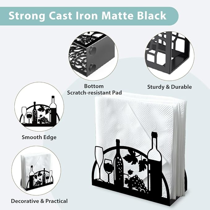Grape Wine and Glass Decorative Black Metal Napkin Holder for Table, 4.9" x 4.9" x 1.9" Standing Napkin Holder for Home Kitchen Restaurant Picnic Party Coffee Bar Dining Room