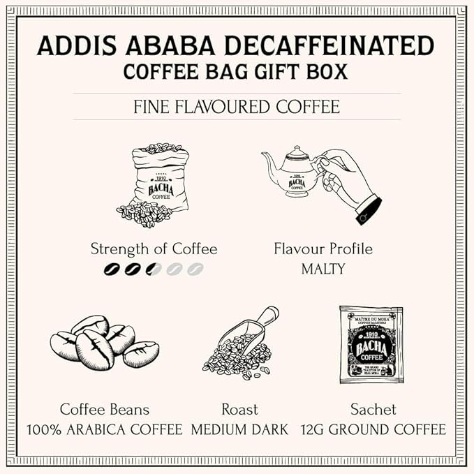 Bacha Coffee | Addis Ababa Decaffeinated Fine Flavoured, 100% Arabica Specialty Coffee Beans, Medium Roast, x12 Individually Wrapped Single Serve Filter Bags