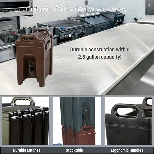 Carlisle FoodService Products Cateraide Insulated Beverage Dispenser with Handles for Catering, Kitchen, and Restaurants, Plastic, 2.5 Gallons, Brown