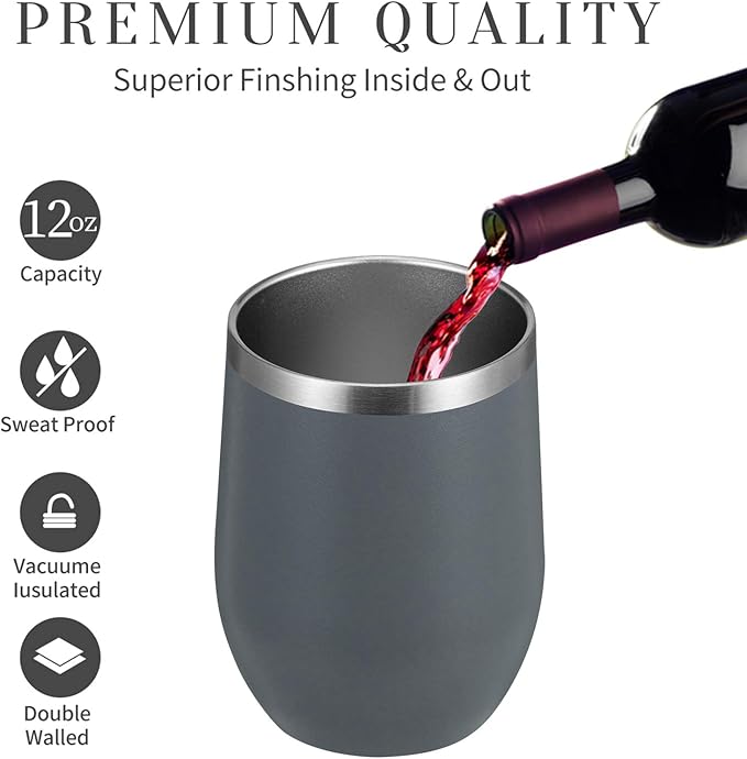 MEWAY Stemless 12oz Wine Tumbler Glasses with Lid -Insulated Double Wall Vacuum Stainless Steel Travel Tumbler with Straw,for Woman Under 10 dollars (Gray,Set of 1)
