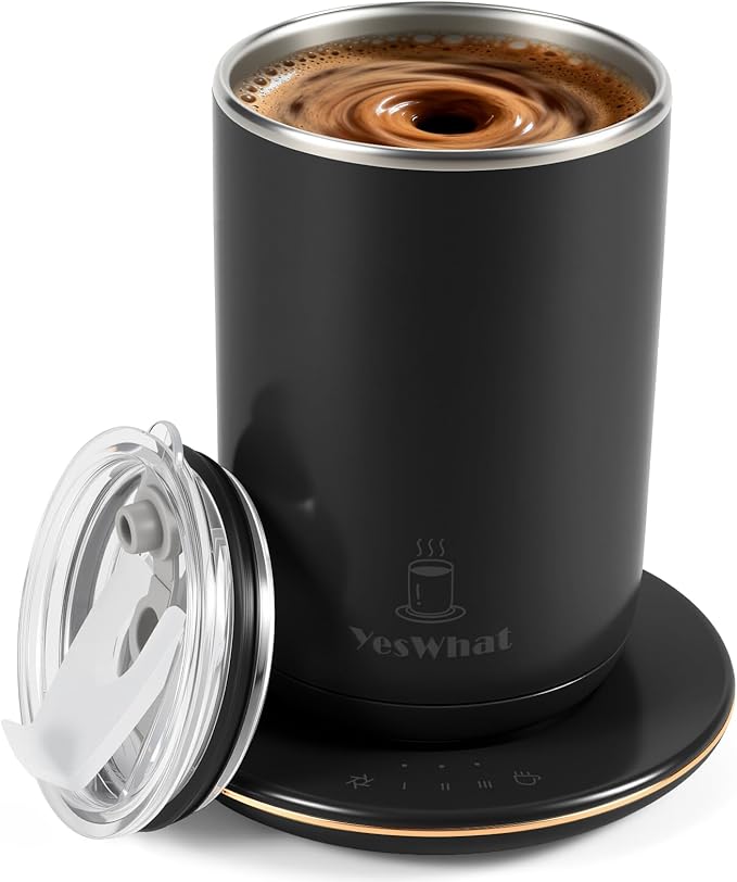Self Stirring Coffee Mug with Temperature Control,Type-C Heated Magnetic Mixing Cup,3 Heat Levels,8-Hour Auto Shut-Off,USB Rechargeable Stainless Steel Smart Mug for Milk Protein Shakes Black 11oz