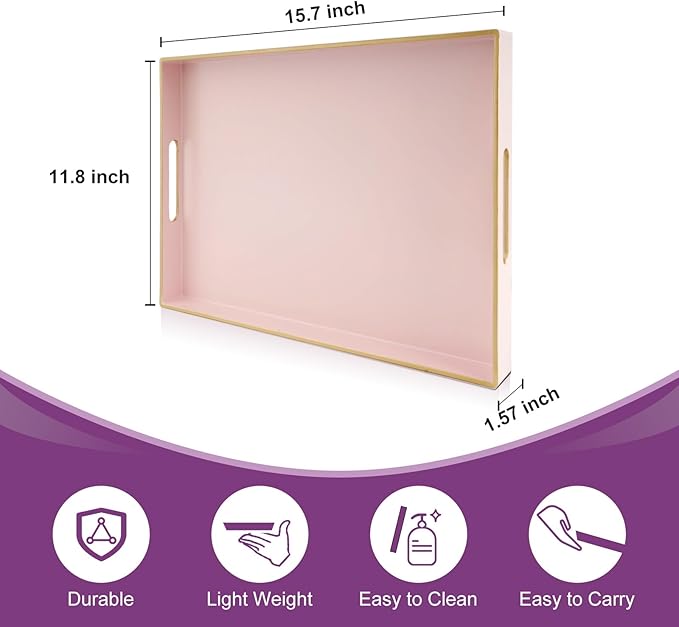 Gifturbo Pink Large Serving Tray with Handles，Rectangular Plastic Elegant Decorative Coffee Table Tray for Ottoman, Living Room, Bathroom, Home Decor, Vanity Trays with Gold Trimming, 15.7” x 11.8”