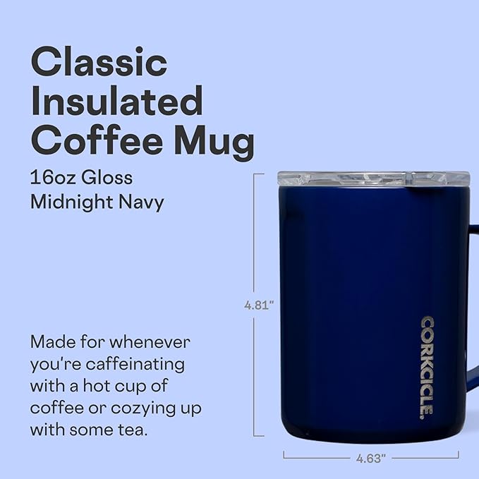 Corkcicle Classic Coffee Mug - Triple Insulated Stainless Steel for Travel - Shatter-Proof Lid - Keeps Drink Hot Over 3 Hours - Holiday Mug Gift - Great for Gifting - 16 oz - Gloss Midnight Navy